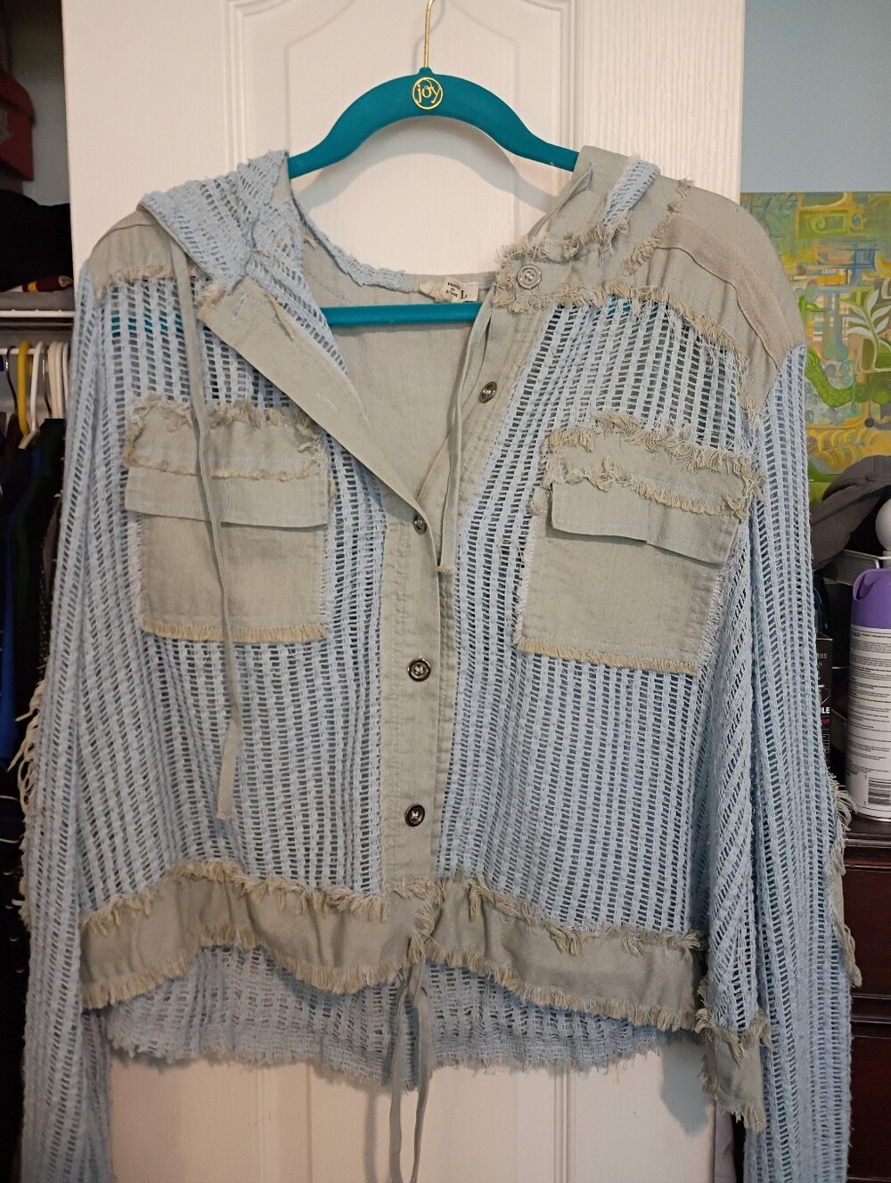 Light Blue Hooded Open-Weave Jacket